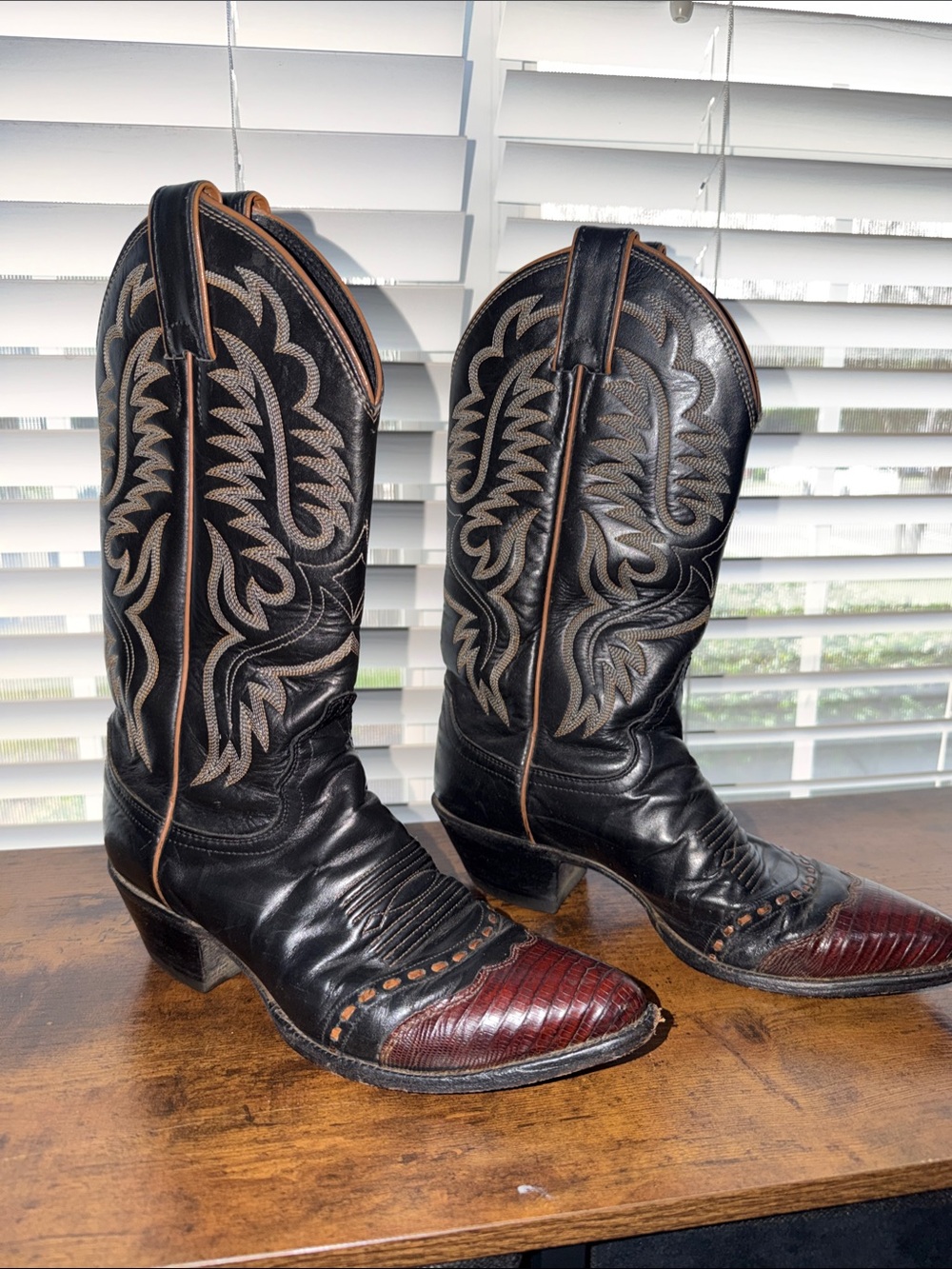 Western Embroidered Black and Maroon Leather Cowgirl Boots